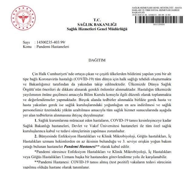 Son Dakika: Sağlık Bakanlığı'ndan hastanelere 12 maddelik korona genelgesi! Özel ve Vakıf hastaneleri pandemi hastanesi ilan edildi