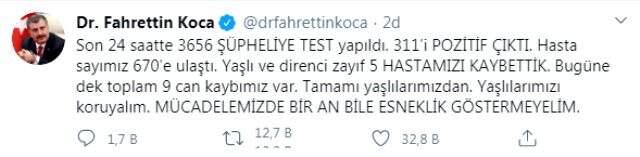 Son Dakika: Türkiye'de koronavirüsten ölenlerin sayısı 9'a, vaka sayısı 670'e yükseldi