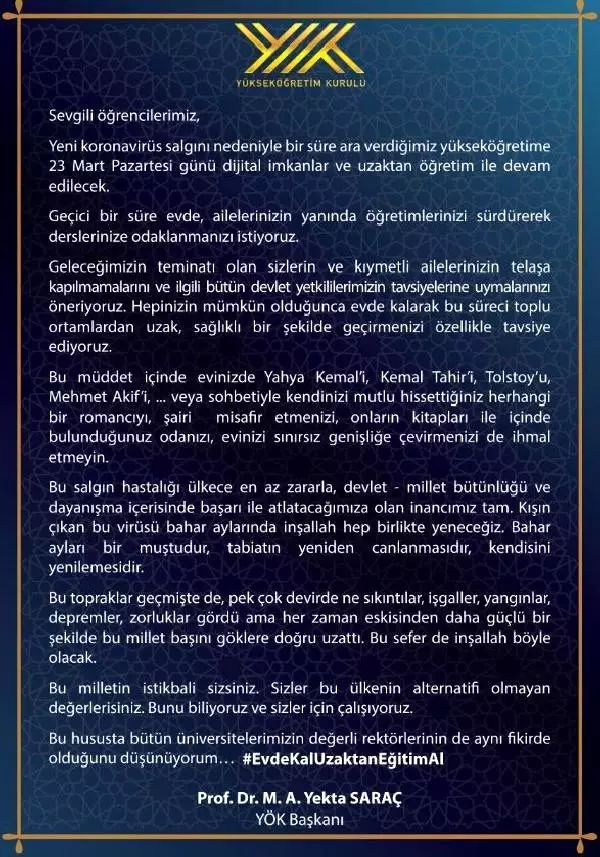 YÖK Başkanı Saraç: Yükseköğretime 23 Mart'ta uzaktan öğretimle devam edilecek