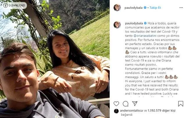 Dybala ve kız arkadaşının koronavirüs testi pozitif çıktı