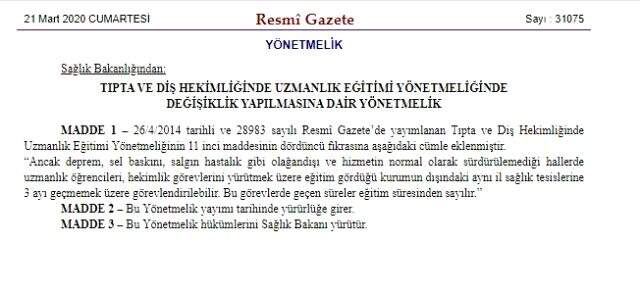Koronavirüsle mücadele için yeni hamle: Uzmanlık eğitimi alan hekimler 3 ay süreyle görevlendirilebilecek