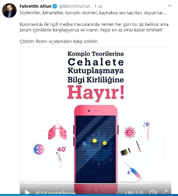 Fahrettin Altun: Bilgi kirliliği de Kovid-19 gibi halk sağlığını tehdit ediyor Fahrettin Altun: Bilgi kirliliği de Kovid-19 gibi halk sağlığını tehdit ediyor
