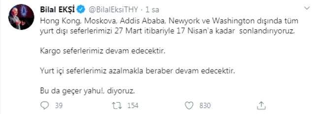 Son Dakika: THY, 4 nokta hariç tüm yurt dışı seferlerini 17 Nisan'a kadar durdurdu