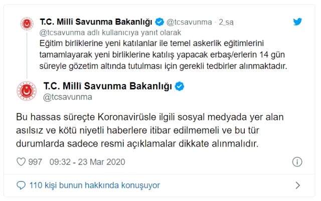 Eğitim birliklerine yeni katılan askerler 14 gün gözetim altında tutulacak