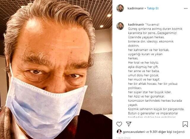 Maske takan Kadir İnanır, takipçilerini evden çıkmama konusunda uyardı