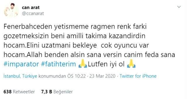 Can Arat'tan Fatih Terim'e geçmiş olsun mesajı: Allah benden alsın, sana versin