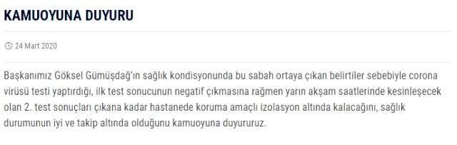 Test yaptıran Başakehir Başkanı Göksel Gümüşdağ, hastaneye yatırıldı
