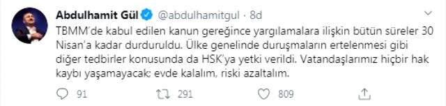 Adli konulara ilişkin süreler 30 Nisan 2020'ye kadar durduruldu