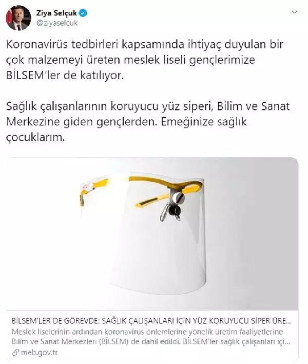 Bakan Selçuk: Sağlık çalışanlarının koruyucu yüz siperi, BİLSEM'e giden gençlerden Bakan Selçuk: Sağlık çalışanlarının koruyucu yüz siperi, BİLSEM'e giden gençlerden