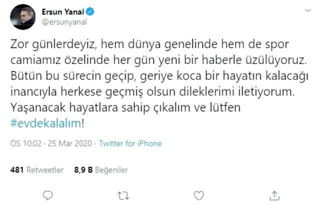 Ersun Yanal'dan evde kal çağrısı