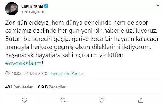 Ersun Yanal'dan 'evde kal' çağrısı Ersun Yanal'dan 'evde kal' çağrısı