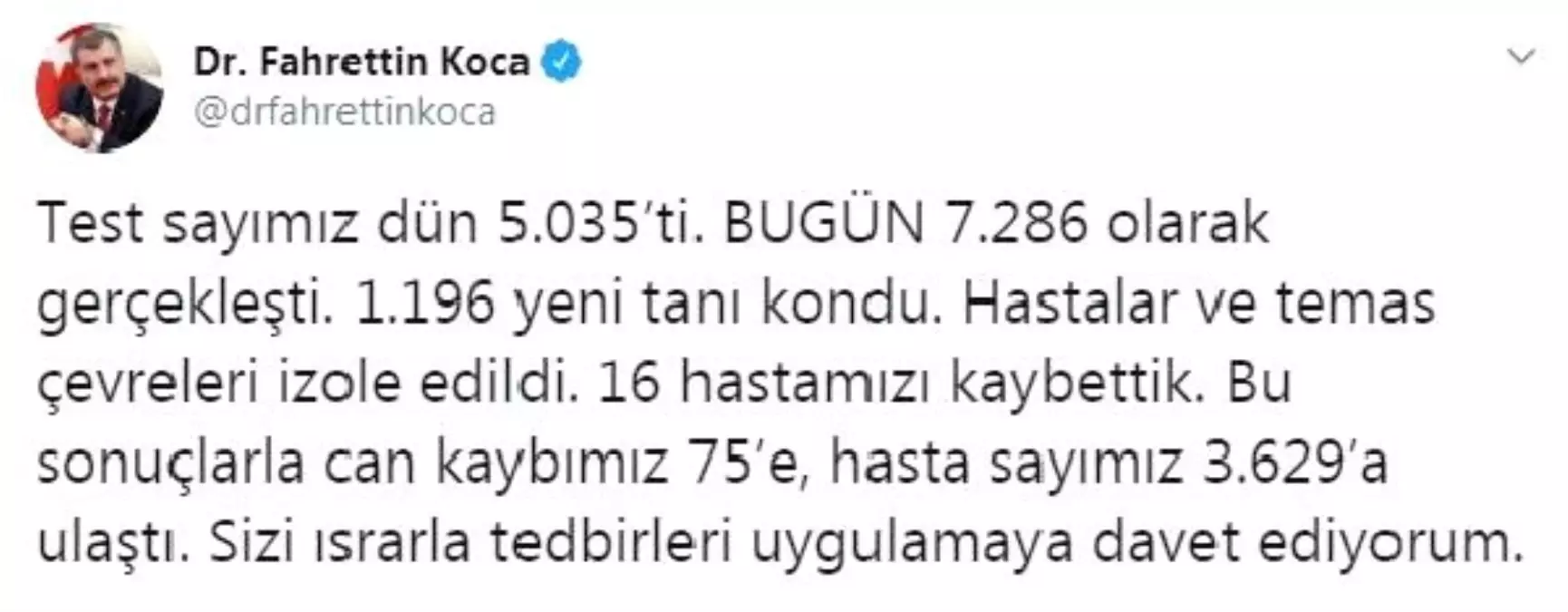 Bakan Koca: Can kaybımız 75'e, hasta sayımız 3629'a ulaştı