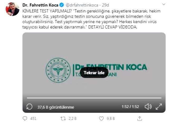 Bakan Koca'dan koronavirüs testi açıklaması: Testin gerekliliğine, şikayetlere bakarak hekim karar verir