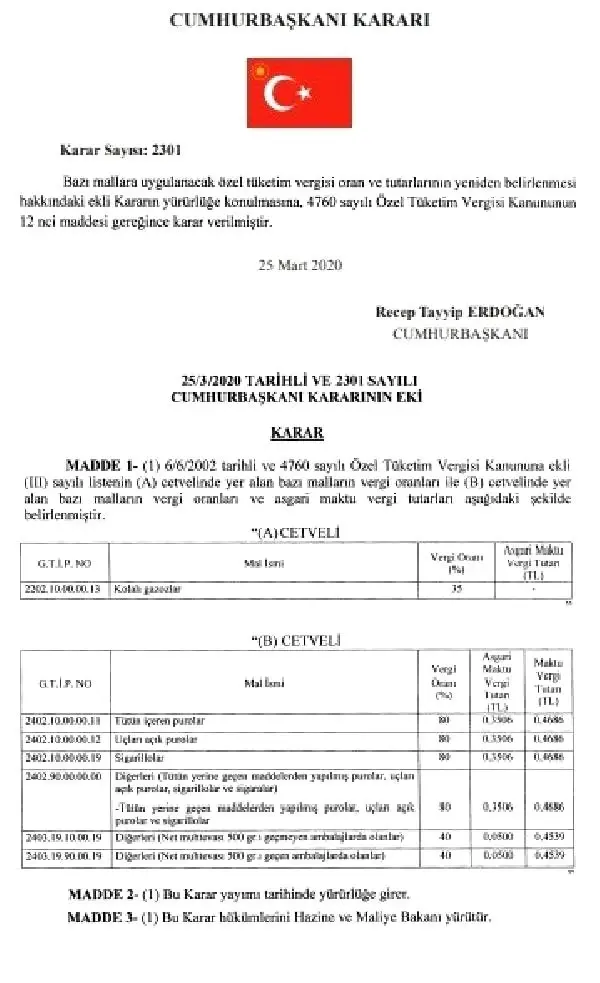 Bazı tütün ürünlerinde %40 olan ÖTV tutarı, %80'e yükseltildi Bazı tütün ürünlerinde %40 olan ÖTV tutarı, %80'e yükseltildi