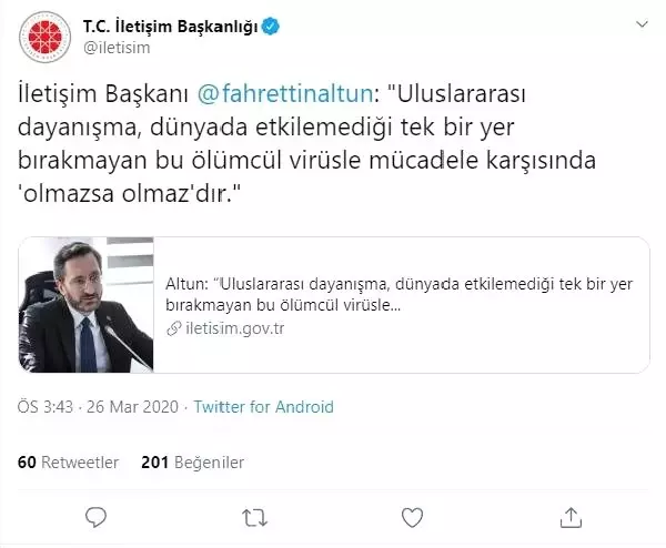 İletişim Başkanı Altun: Uluslararası dayanışma olmazsa olmaz İletişim Başkanı Altun: Uluslararası dayanışma olmazsa olmaz