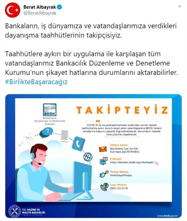 Son Dakika: Bakan Albayrak: Bankaların taahhütlerinin takipçisi olacağız, vatandaşlar BDDK'ya şikayet edebilir