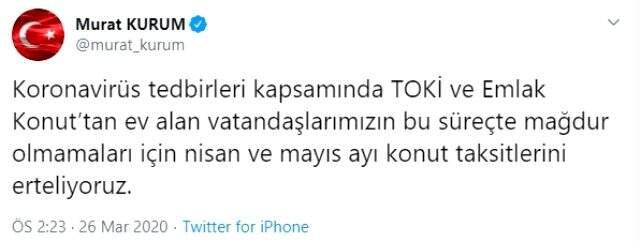 Son Dakika: Koronavirüs nedeniyle TOKİ ve Emlak Konut'ta taksit ödemeleri ertelendi