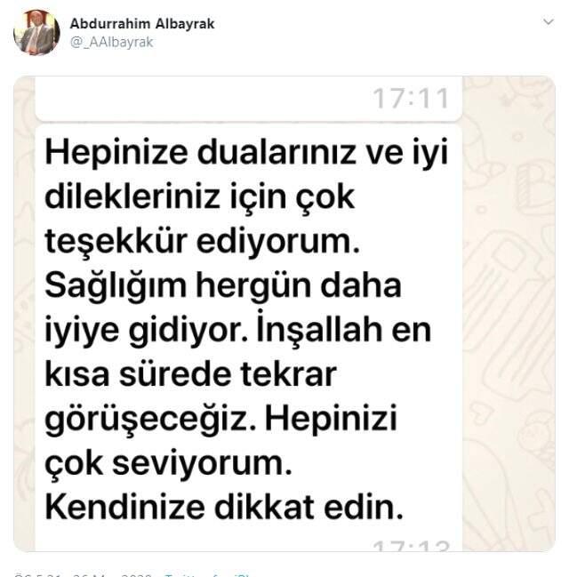 Son Dakika: Koronavirüs tedavisi gören Abdurrahim Albayrak'tan ilk açıklama