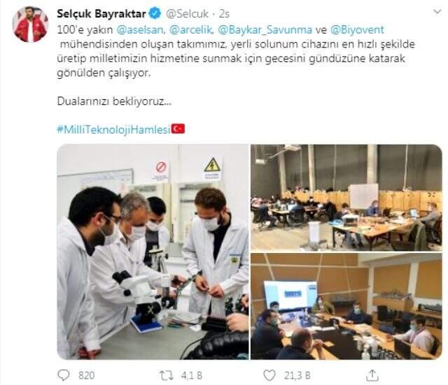 Selçuk Bayraktar yerli solunum cihazına ait çalışmaların ilk görüntülerini paylaştı