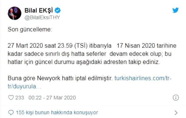 THY, koronavirüs salgını nedeniyle New York seferlerini iptal etti