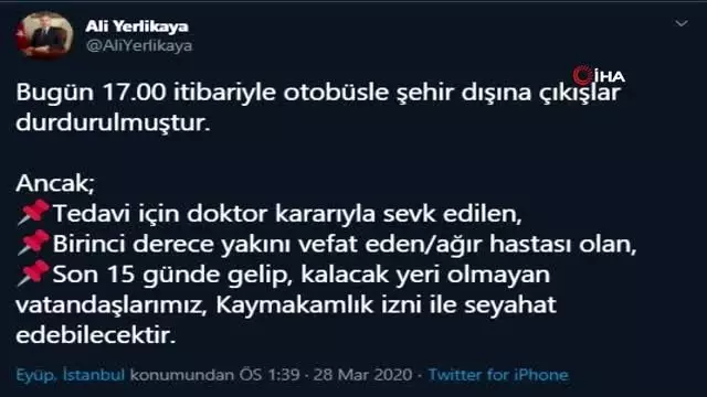 İstanbul Valisi Yerlikaya: ’Bugün 17.00 itibariyle otobüsle şehir dışına çıkışlar durdurulmuştur’