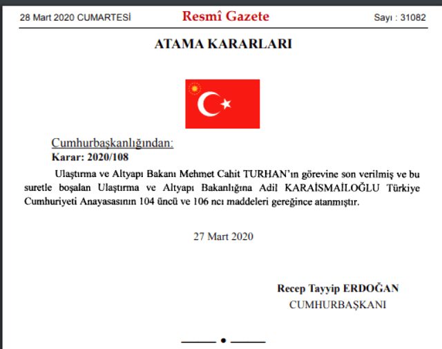 Son Dakika: Ulaştırma ve Altyapı Bakanı Mehmet Cahit Turhan, Cumhurbaşkanlığı kararı ile görevden alındı