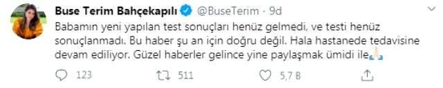 Fatih Terim'in kızı Buse Terim: Babamın yeni yapılan test sonuçları henüz gelmedi Fatih Terim'in kızı Buse Terim: Babamın yeni yapılan test sonuçları henüz gelmedi