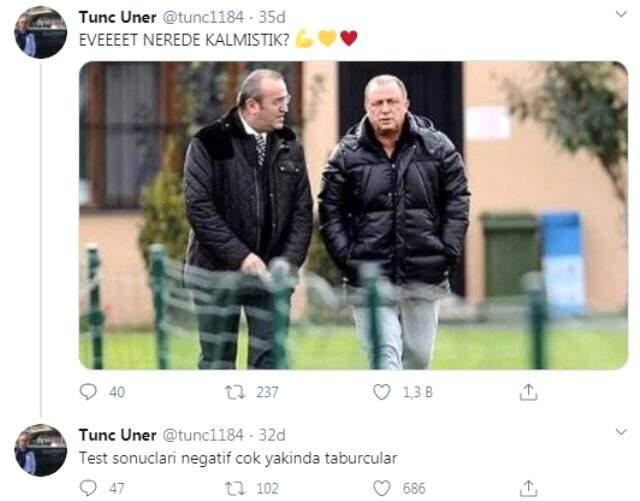 Galatasaray Divan Kurulu Üyesi Tunç Üner: Fatih Terim ve Abdurrahim Albayrak'ın son testleri negatif, yakında taburcu olacaklar Galatasaray Divan Kurulu Üyesi Tunç Üner: Fatih Terim ve Abdurrahim Albayrak'ın son testleri negatif, yakında taburcu olacaklar