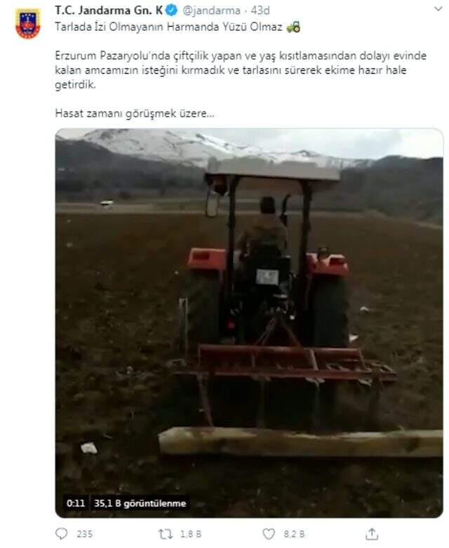 Jandarma, yaş kısıtlamasından dolayı evinde kalan amcanın tarlasını ekime hazır hale getirdi Jandarma, yaş kısıtlamasından dolayı evinde kalan amcanın tarlasını ekime hazır hale getirdi