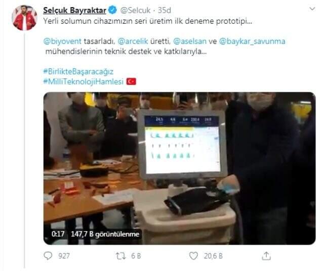 Selçuk Bayraktar, yerli solunum cihazının ilk prototipini paylaştı Selçuk Bayraktar, yerli solunum cihazının ilk prototipini paylaştı