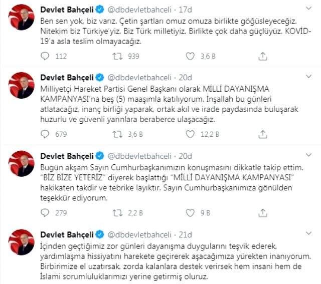 Son Dakika: MHP Genel Başkanı Bahçeli: Milli Dayanışma Kampanyası'na 5 maaşımla katılıyorum Son Dakika: MHP Genel Başkanı Bahçeli: Milli Dayanışma Kampanyası'na 5 maaşımla katılıyorum