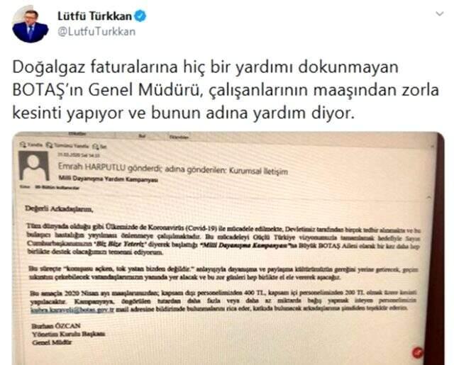 BOTAŞ'ın Milli Dayanışma Kampanyası için çalışan maaşlarından kesinti yapacak olması tartışma yarattı BOTAŞ'ın Milli Dayanışma Kampanyası için çalışan maaşlarından kesinti yapacak olması tartışma yarattı
