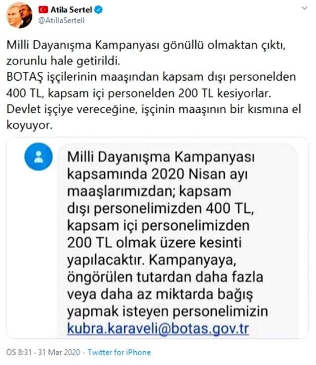 BOTAŞ'ın Milli Dayanışma Kampanyası için çalışan maaşlarından kesinti yapacak olması tartışma yarattı BOTAŞ'ın Milli Dayanışma Kampanyası için çalışan maaşlarından kesinti yapacak olması tartışma yarattı