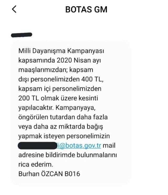 BOTAŞ'ın Milli Dayanışma Kampanyası için çalışan maaşlarından kesinti yapacak olması tartışma yarattı BOTAŞ'ın Milli Dayanışma Kampanyası için çalışan maaşlarından kesinti yapacak olması tartışma yarattı