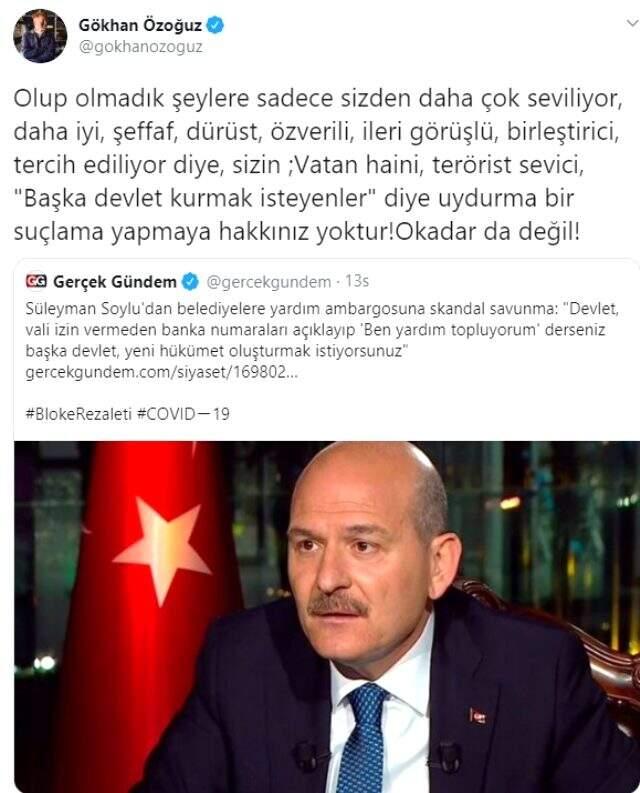 Gökhan Özoğuz, CHP'li belediyelerin yardım kampanyasının bloke edilmesini söyleyen Süleyman Soylu'ya tepki gösterdi