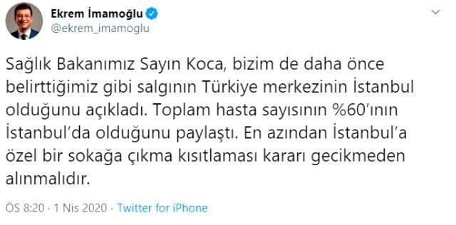 İmamoğlu, sokağa çıkma yasağı getirilmesi çağrısını yineledi