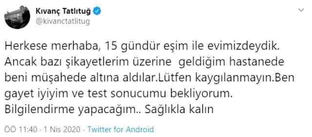 Kıvanç Tatlıtuğ: Ben gayet iyiyim ve test sonucumu bekliyorum Kıvanç Tatlıtuğ: Ben gayet iyiyim ve test sonucumu bekliyorum