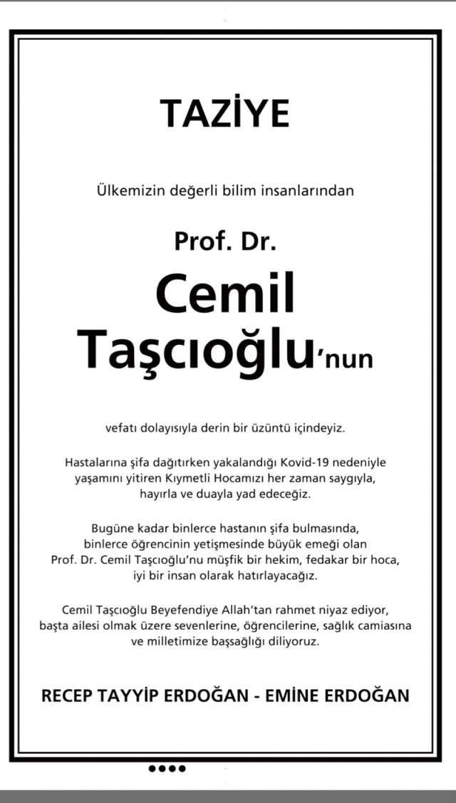 Cumhurbaşkanı Erdoğan ve eşi, koronadan vefat eden Cemil Taşçıoğlu için taziye mesajı yayınladı Cumhurbaşkanı Erdoğan ve eşi, koronadan vefat eden Cemil Taşçıoğlu için taziye mesajı yayınladı