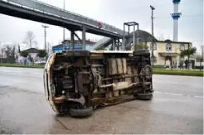 İneğe çarpmamak için manevra yapan minibüs devrildi