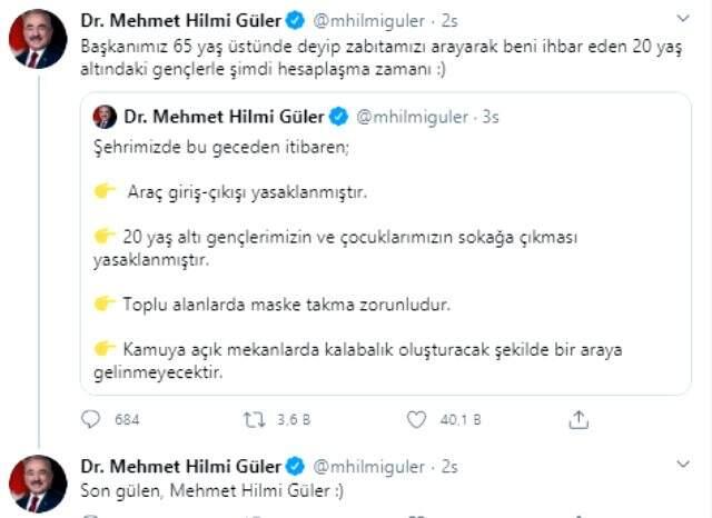Ordu Belediye Başkanı Hilmi Güler'den yasak sonrası gençlere güldüren mesaj: Şimdi hesaplaşma zamanı Ordu Belediye Başkanı Hilmi Güler'den yasak sonrası gençlere güldüren mesaj: Şimdi hesaplaşma zamanı