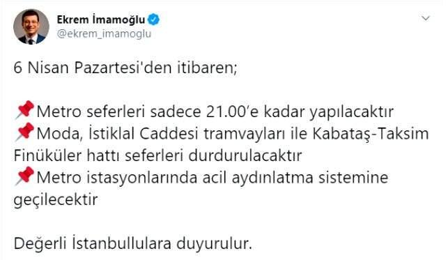 Son Dakika: İstanbul'da 6 Nisan Pazartesi'den itibaren metro seferleri 21.00'e kadar yapılacak Son Dakika: İstanbul'da 6 Nisan Pazartesi'den itibaren metro seferleri 21.00'e kadar yapılacak