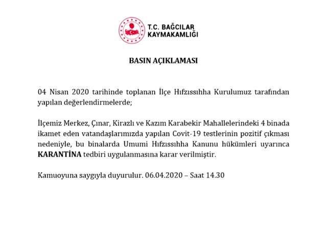 Bağcılar'da 4 binaya karantina Bağcılar'da 4 binaya karantina