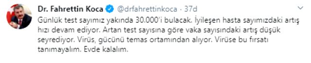 Sağlık Bakanı Fahrettin Koca: Artan test sayısına göre vaka sayısındaki artış düşük seyrediyor