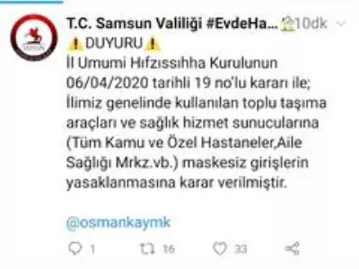 Samsun'da hastanelere maskesiz girmek yasaklandı