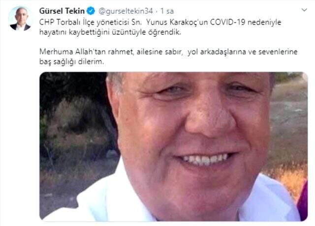 CHP Torbalı ilçe yöneticisi Yunus Karakoç, koronavirüs nedeniyle hayatını kaybetti CHP Torbalı ilçe yöneticisi Yunus Karakoç, koronavirüs nedeniyle hayatını kaybetti