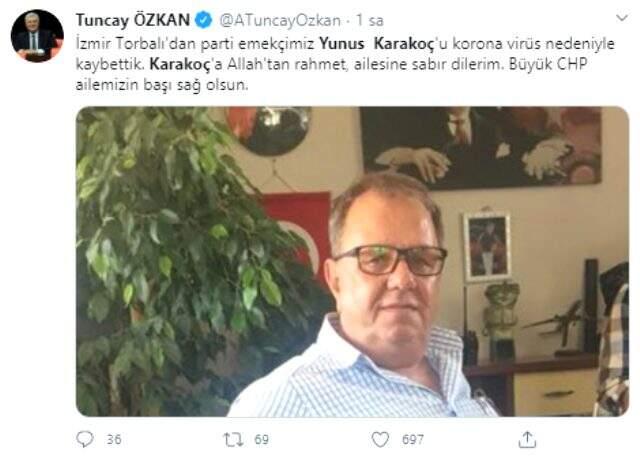 CHP Torbalı ilçe yöneticisi Yunus Karakoç, koronavirüs nedeniyle hayatını kaybetti CHP Torbalı ilçe yöneticisi Yunus Karakoç, koronavirüs nedeniyle hayatını kaybetti