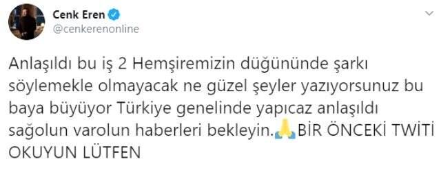 Şarkıcı Cenk Eren, salgından sonra evlenecek olan hemşirelerin düğününde sahne alacak Şarkıcı Cenk Eren, salgından sonra evlenecek olan hemşirelerin düğününde sahne alacak