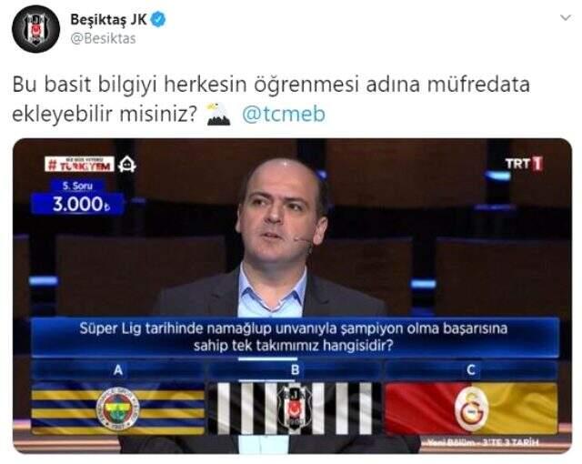 Beşiktaş, yarışmada çıkan soruyla ezeli rakiplerine göndermede bulundu Beşiktaş, yarışmada çıkan soruyla ezeli rakiplerine göndermede bulundu