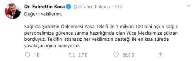 Sağlık Bakanı Koca'dan vekillere çağrı: Sağlıkta şiddetin önlenmesi teklifinin en kısa sürede yasalaşacağına inanıyoruz Sağlık Bakanı Koca'dan vekillere çağrı: Sağlıkta şiddetin önlenmesi teklifinin en kısa sürede yasalaşacağına inanıyoruz