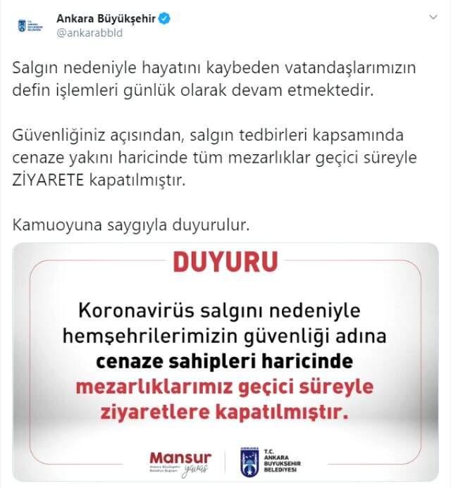Son Dakika: Ankara'da salgın tedbirleri için mezarlıklar ziyarete kapatıldı Son Dakika: Ankara'da salgın tedbirleri için mezarlıklar ziyarete kapatıldı